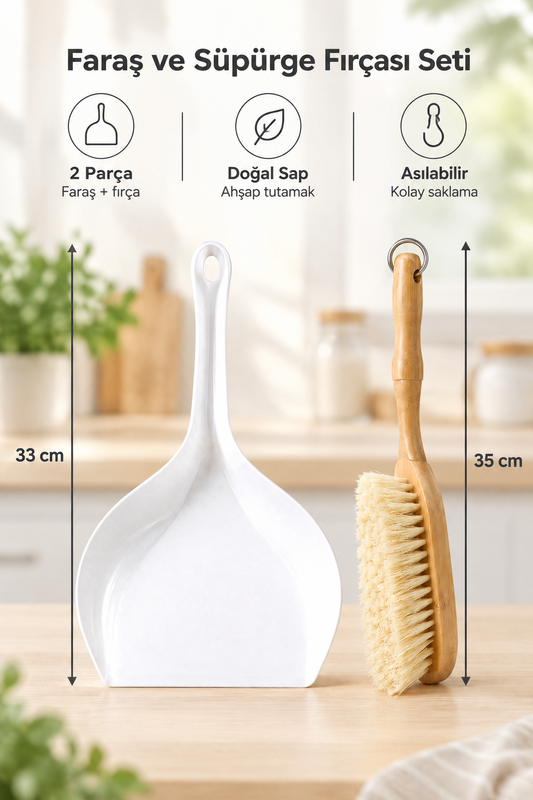 Faraş ve Ahşap Saplı Süpürge Fırçası Seti, 2 Parça, Geniş Ağızlı, 33 cm Kürek, 35 cm Fırça