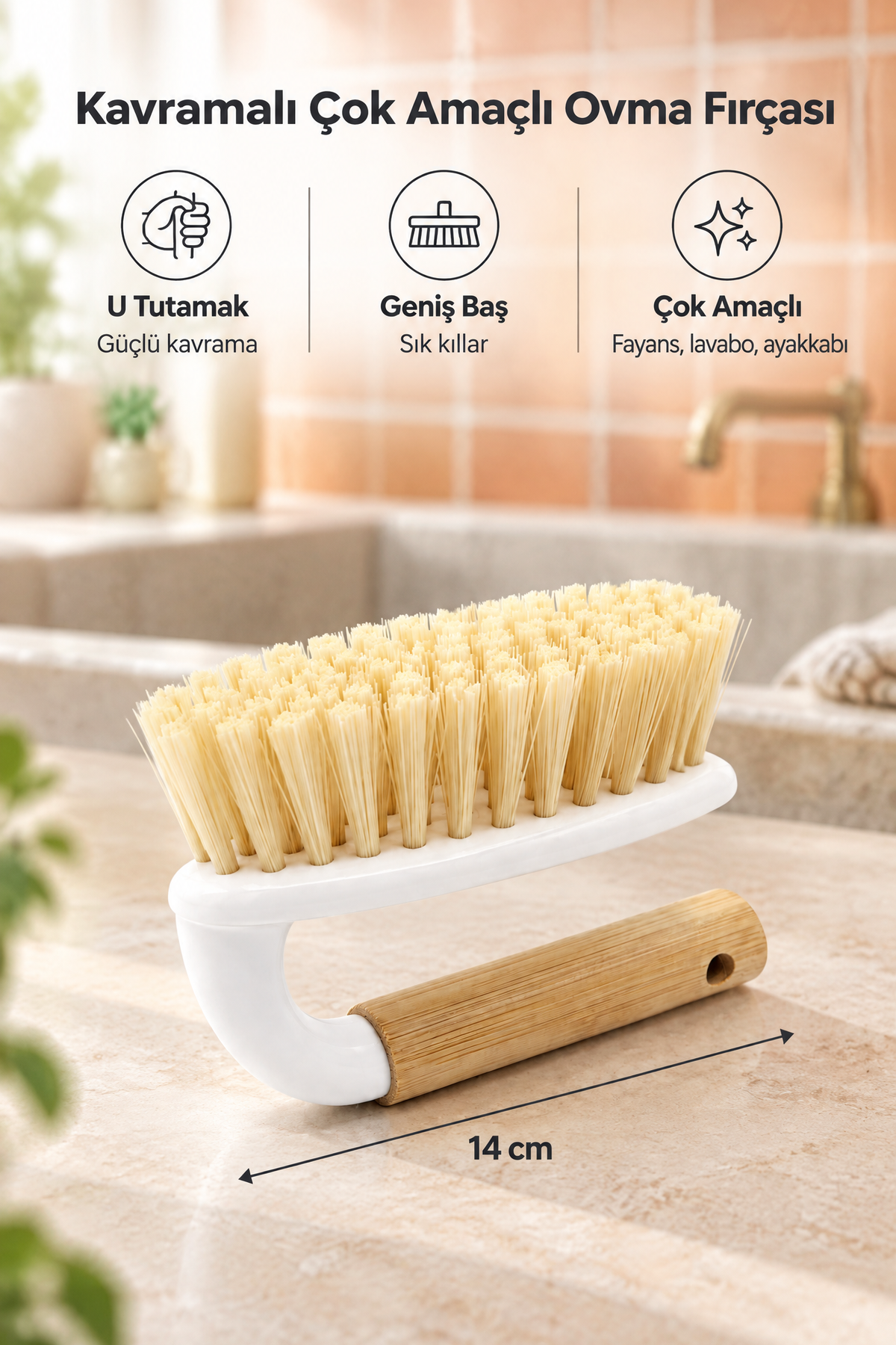 Bambu Saplı Kavramalı Çok Amaçlı Ovma ve Temizlik Fırçası, Kompakt Boy, 14 cm