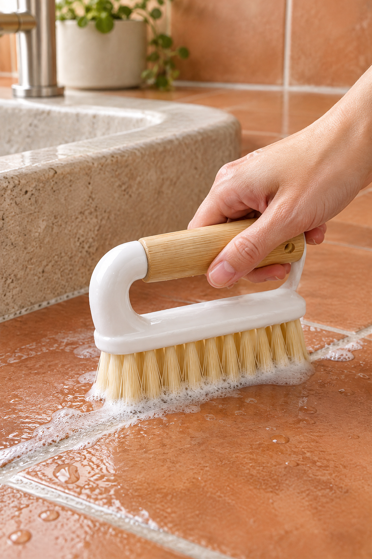 Bambu Saplı Kavramalı Çok Amaçlı Ovma ve Temizlik Fırçası, Kompakt Boy, 14 cm