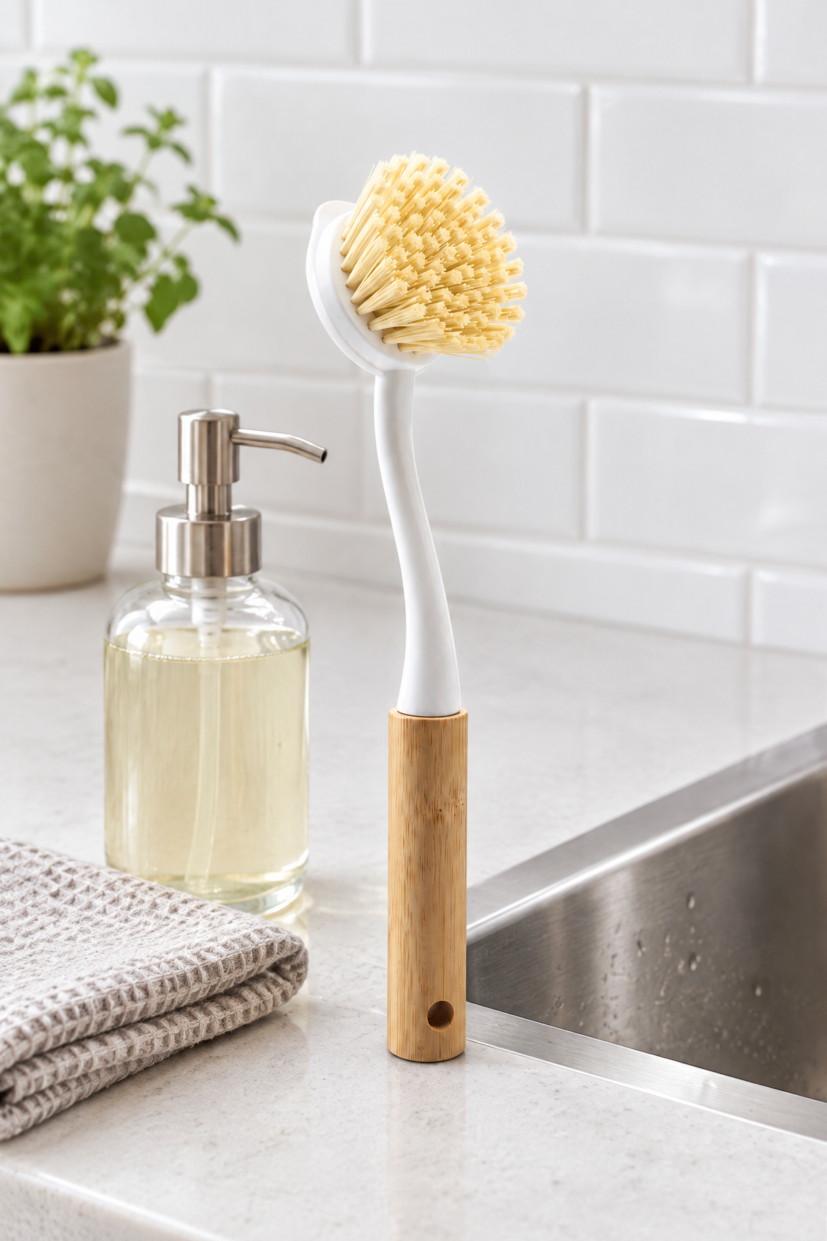 Bambu Saplı Yuvarlak Başlı Bulaşık ve Tencere Temizleme Fırçası, Askı Delikli, 24 cm