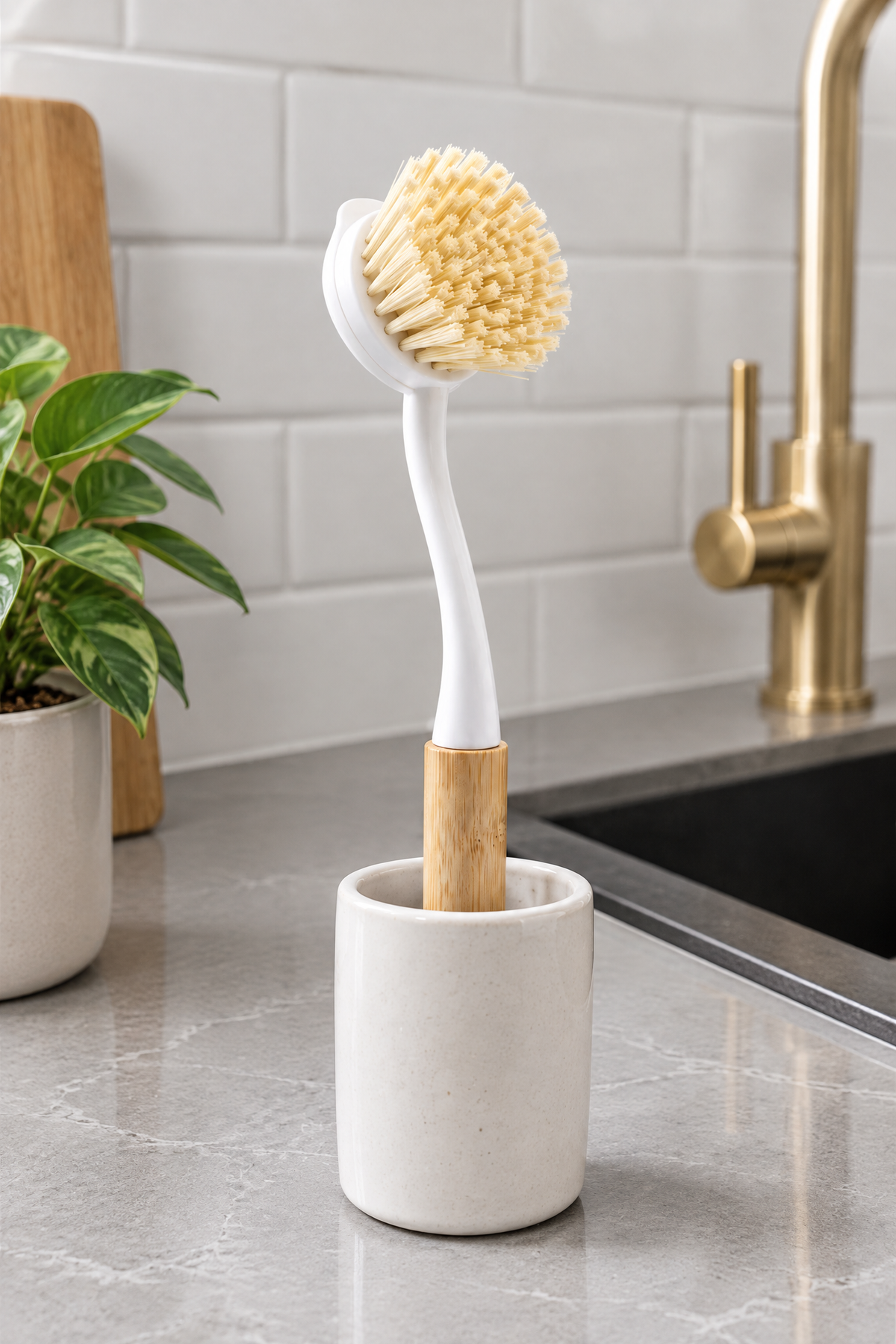 Bambu Saplı Yuvarlak Başlı Bulaşık ve Tencere Temizleme Fırçası, Askı Delikli, 24 cm