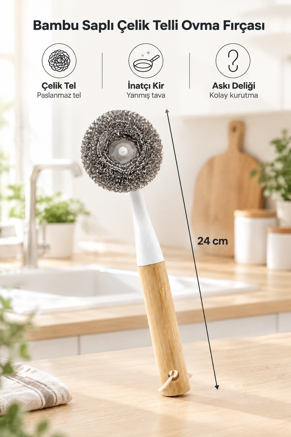 Bambu Saplı Çelik Telli Ovma Fırçası, Saplı Bulaşık Teli, 24 cm