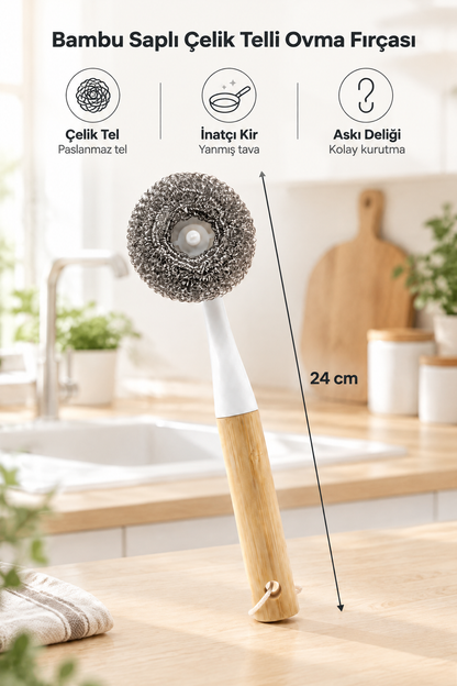 Bambu Saplı Çelik Telli Ovma Fırçası, Saplı Bulaşık Teli, 24 cm