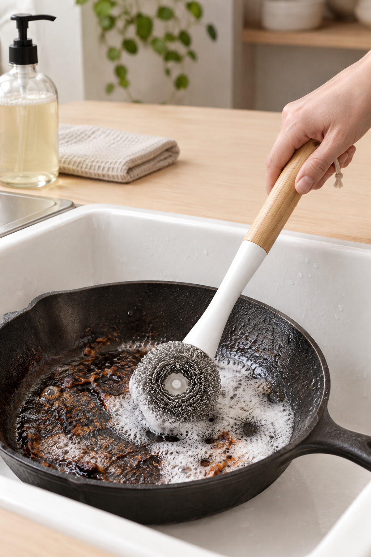Bambu Saplı Çelik Telli Ovma Fırçası, Saplı Bulaşık Teli, 24 cm