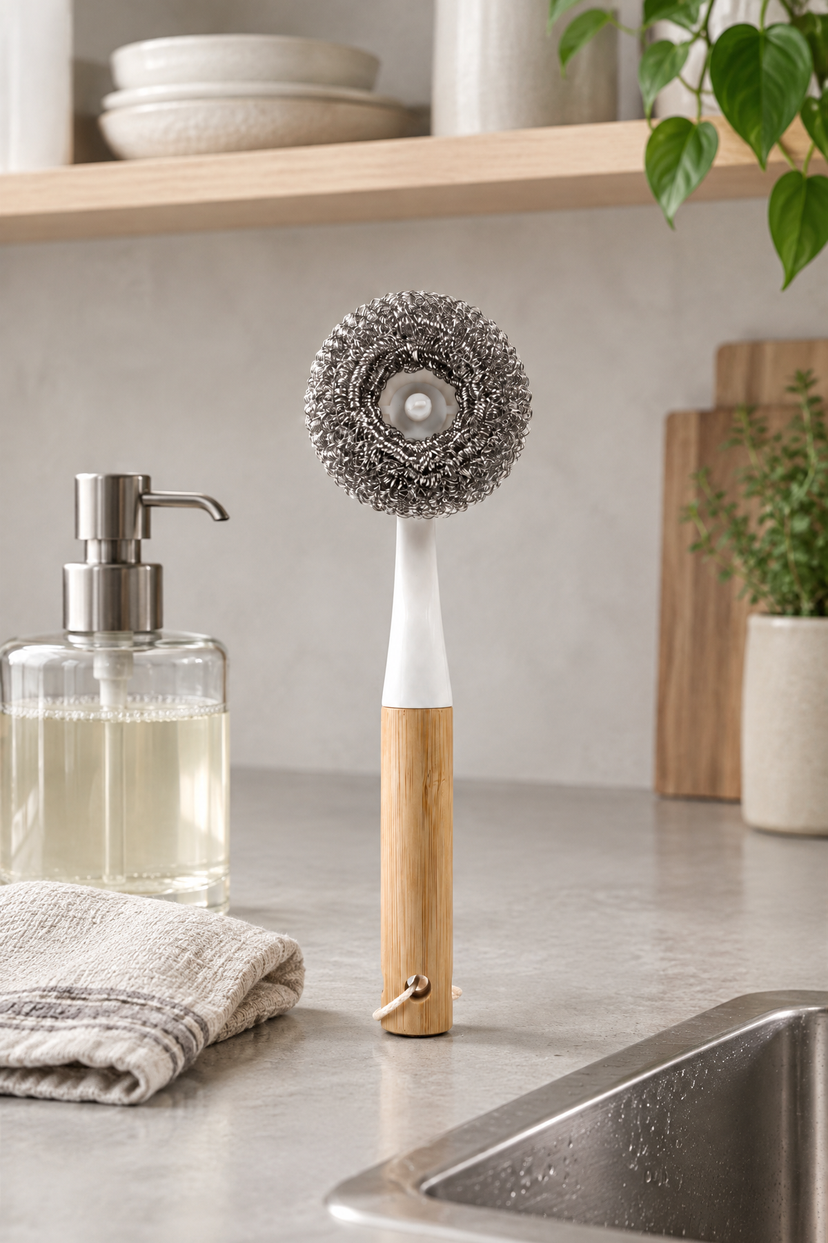 Bambu Saplı Çelik Telli Ovma Fırçası, Saplı Bulaşık Teli, 24 cm
