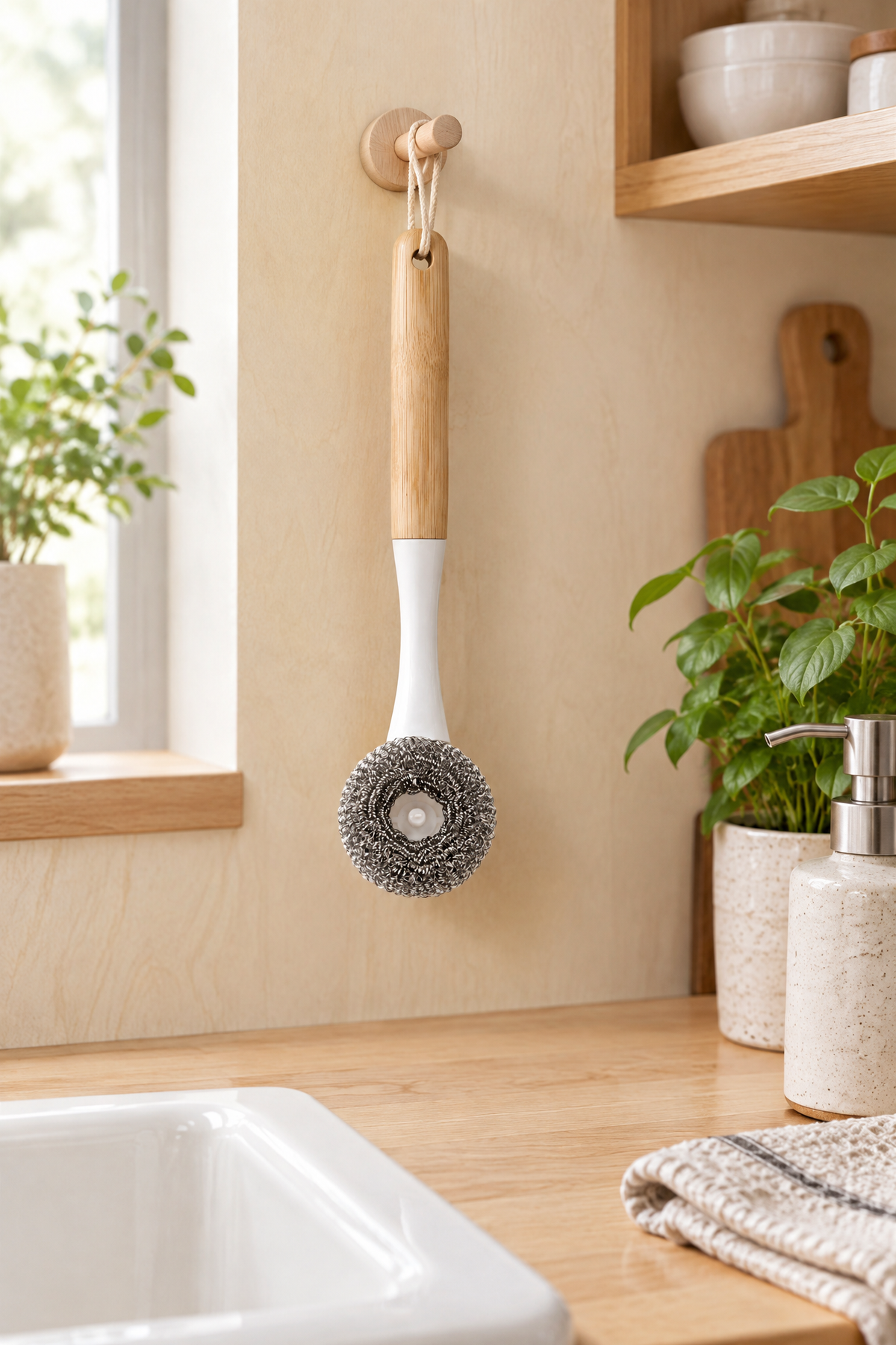 Bambu Saplı Çelik Telli Ovma Fırçası, Saplı Bulaşık Teli, 24 cm