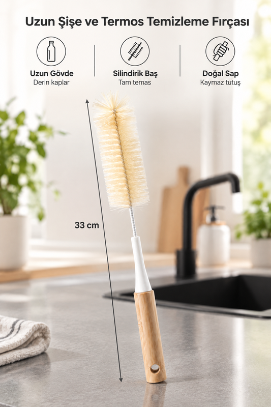 Bambu Saplı Uzun Şişe, Sürahi ve Termos Temizleme Fırçası, 33 cm