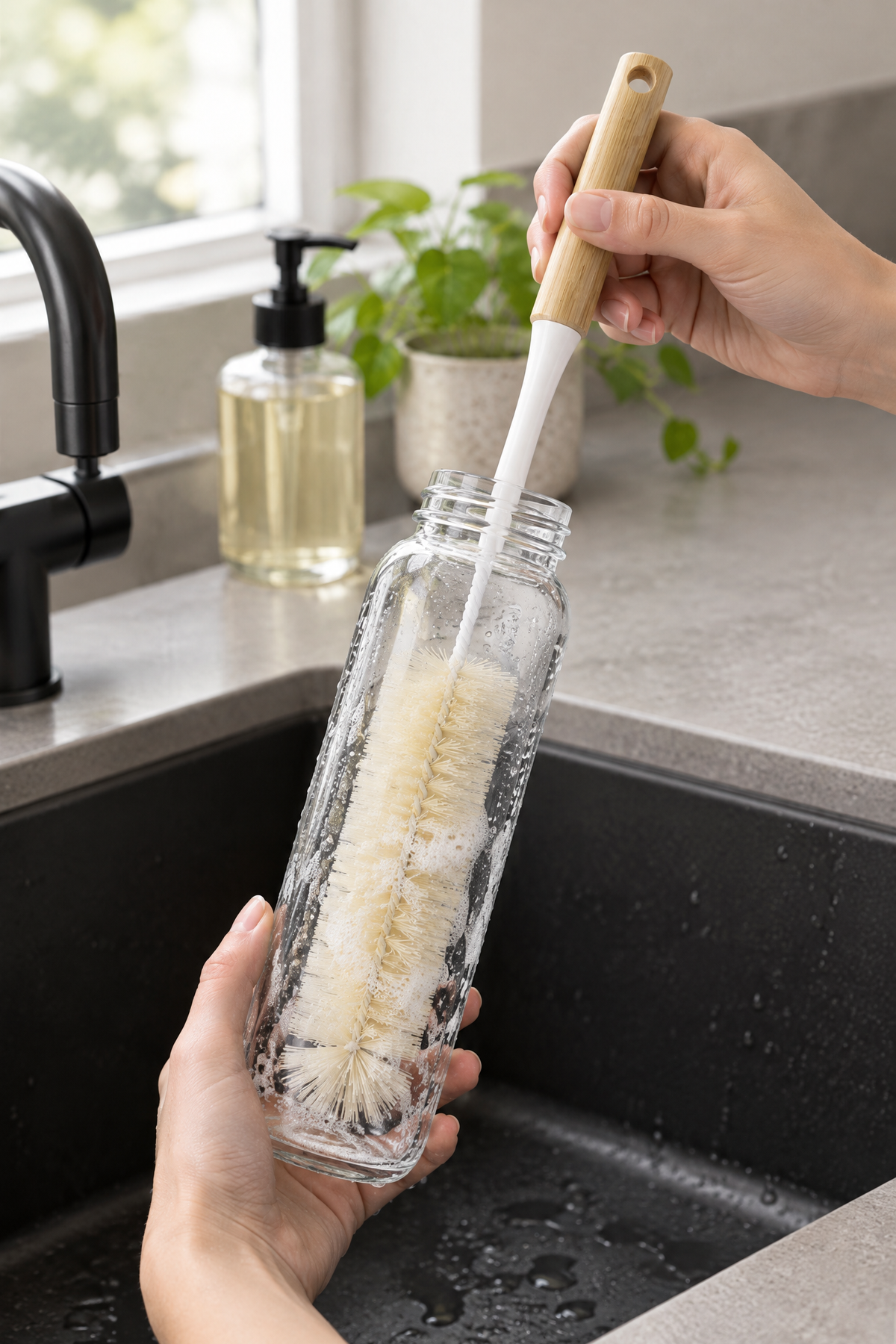 Bambu Saplı Uzun Şişe, Sürahi ve Termos Temizleme Fırçası, 33 cm