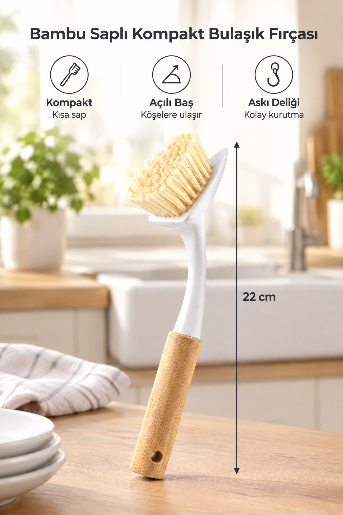 Bambu Saplı Kompakt Bulaşık ve Lavabo Temizleme Fırçası, Kısa Sap, 22 cm