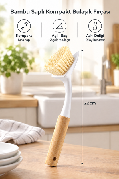 Bambu Saplı Kompakt Bulaşık ve Lavabo Temizleme Fırçası, Kısa Sap, 22 cm
