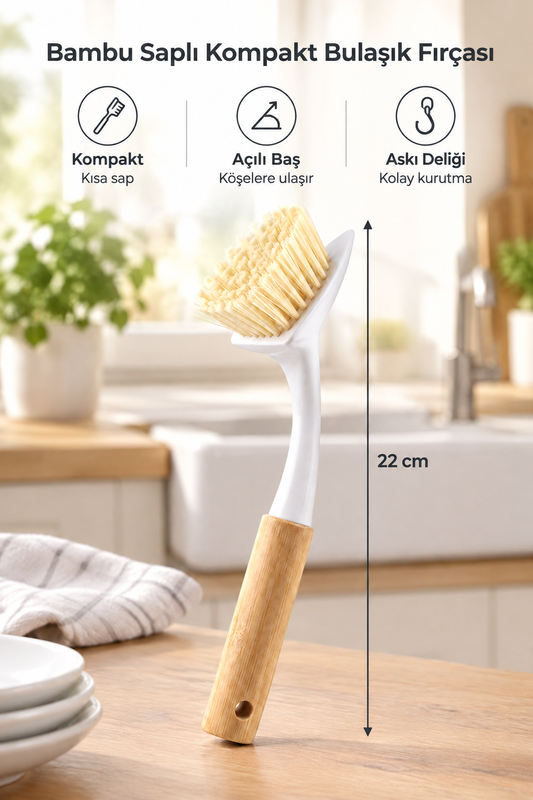 Bambu Saplı Kompakt Bulaşık ve Lavabo Temizleme Fırçası, Kısa Sap, 22 cm