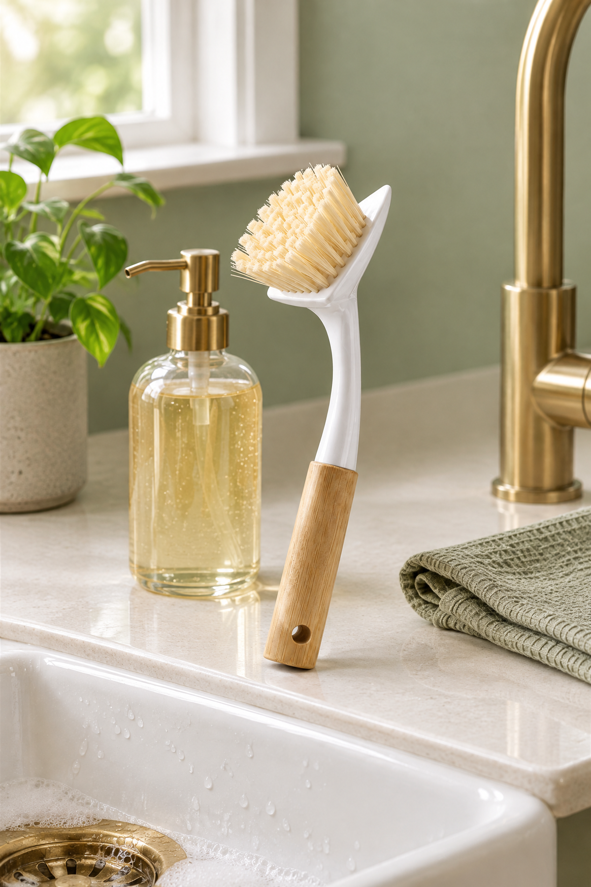 Bambu Saplı Kompakt Bulaşık ve Lavabo Temizleme Fırçası, Kısa Sap, 22 cm