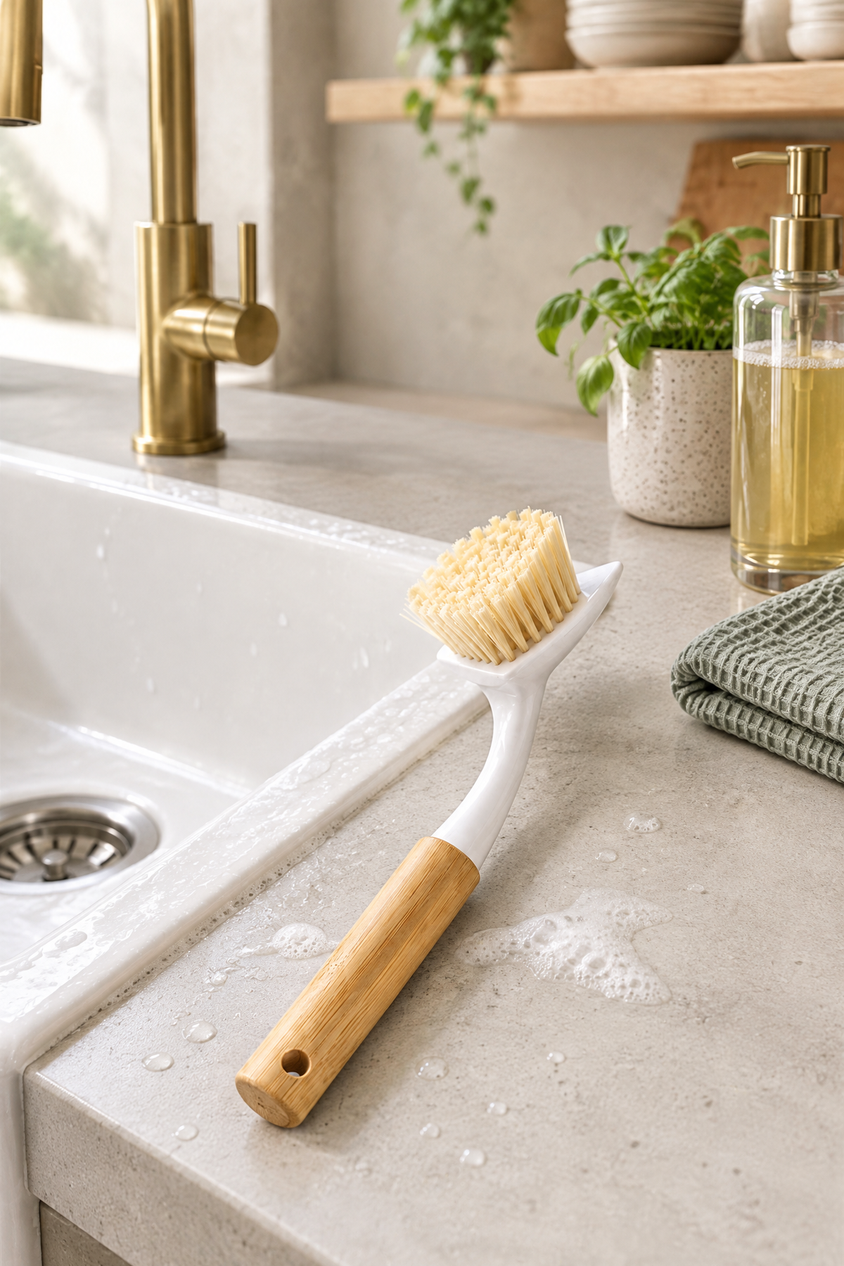 Bambu Saplı Kompakt Bulaşık ve Lavabo Temizleme Fırçası, Kısa Sap, 22 cm