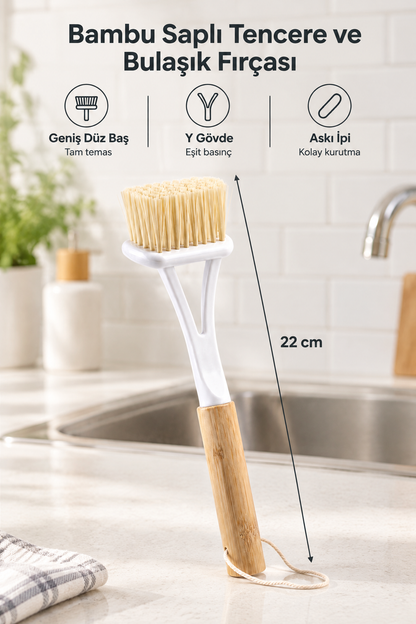 Bambu Saplı Geniş Düz Başlı Tencere ve Bulaşık Fırçası, Askı İpli, 22 cm