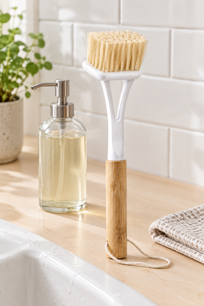 Bambu Saplı Geniş Düz Başlı Tencere ve Bulaşık Fırçası, Askı İpli, 22 cm