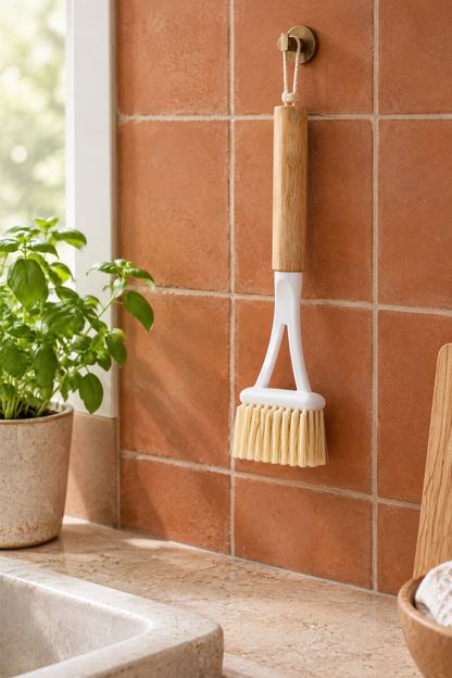 Bambu Saplı Geniş Düz Başlı Tencere ve Bulaşık Fırçası, Askı İpli, 22 cm