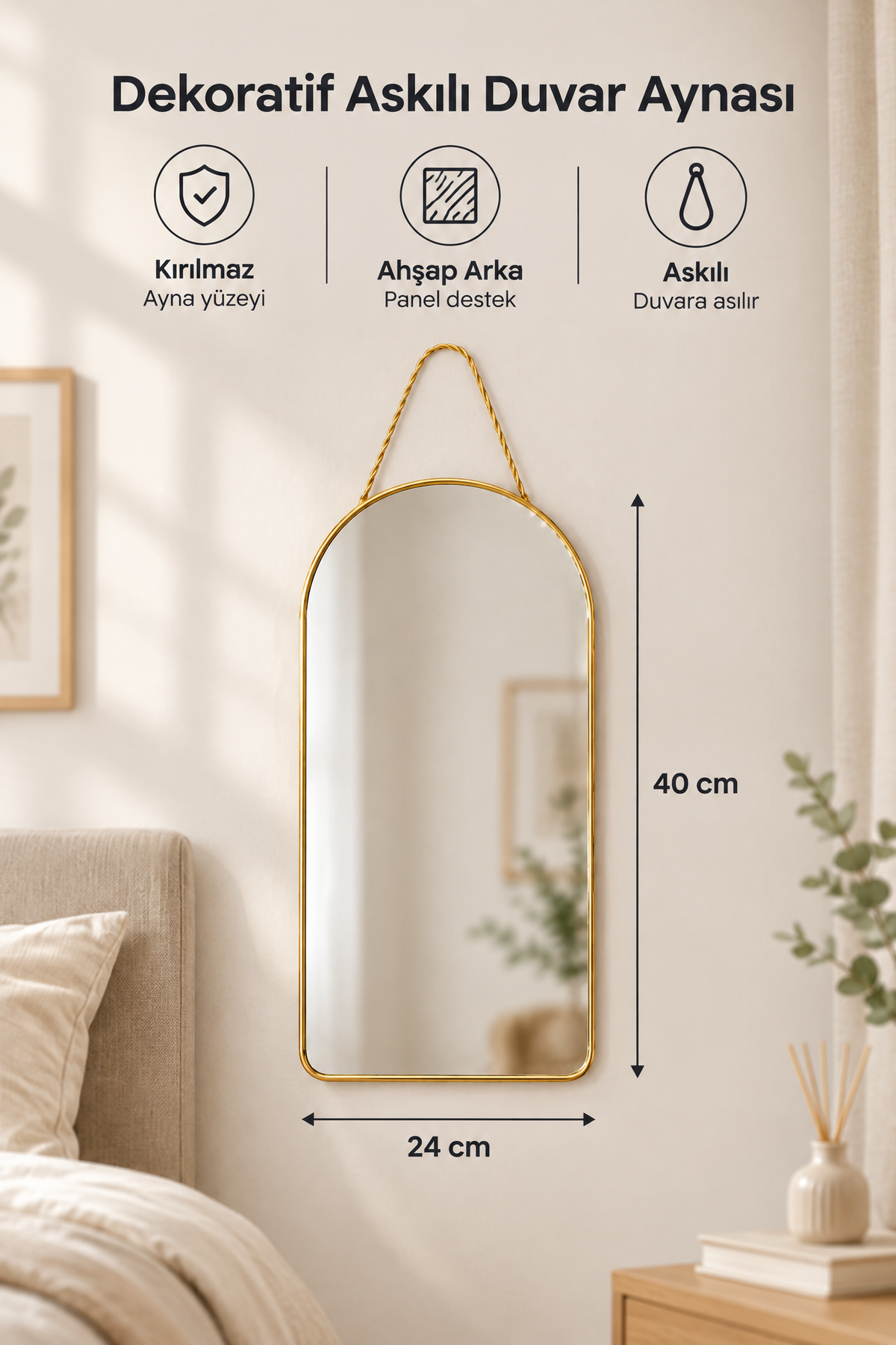 Dekoratif Askılı Kırılmaz Duvar Aynası, Ahşap Arkalı – Üst Oval