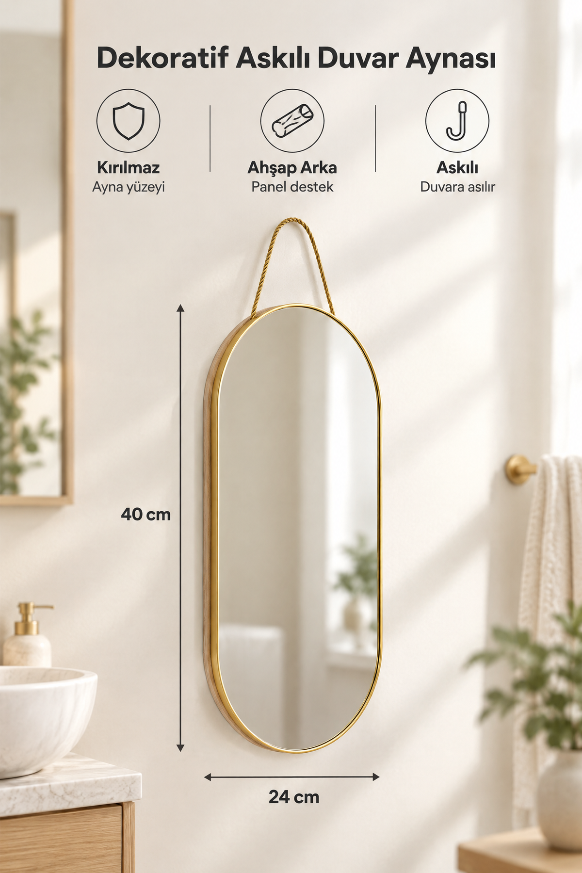 Dekoratif Askılı Kırılmaz Duvar Aynası, Ahşap Arkalı – Çift Oval