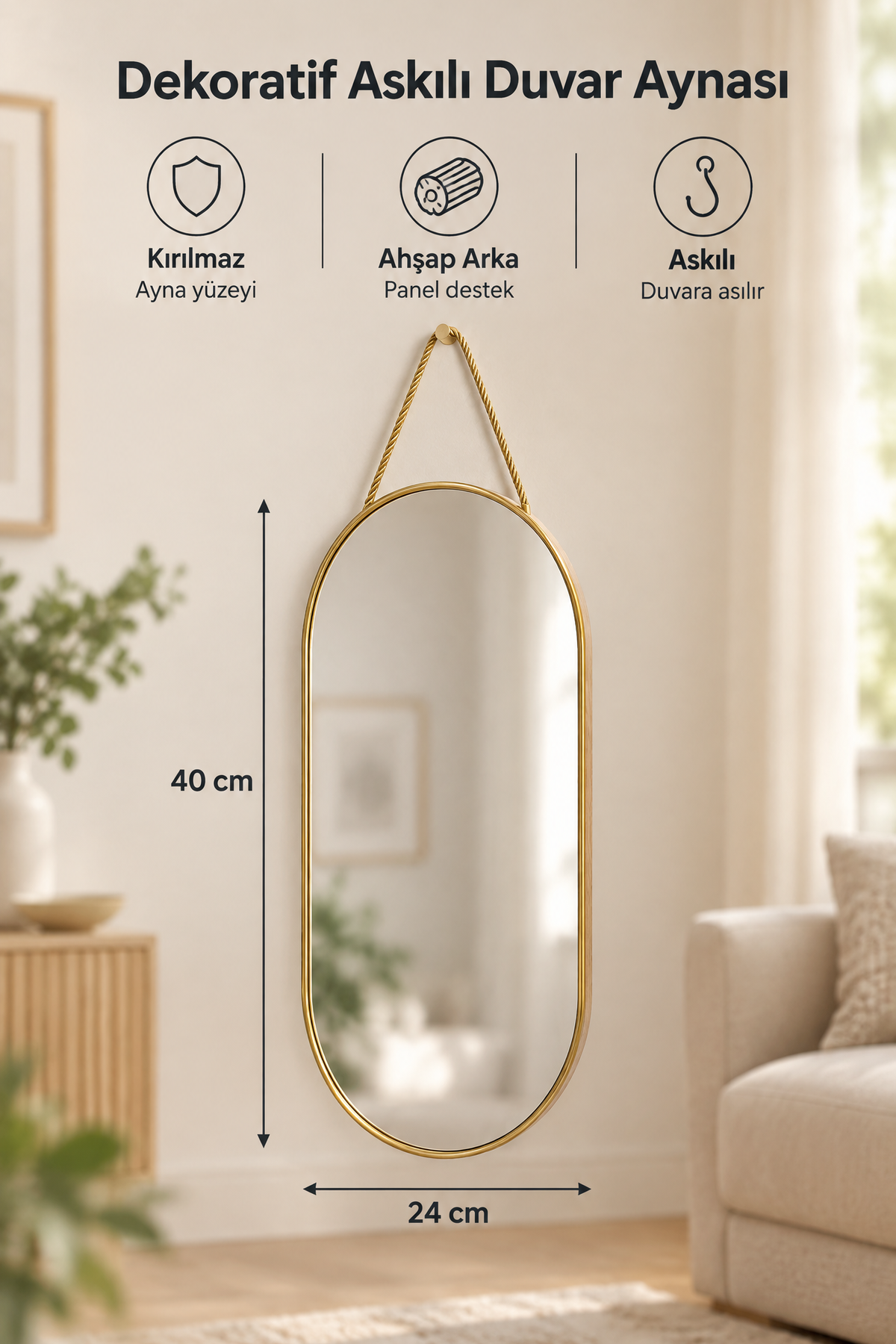 Dekoratif Askılı Kırılmaz Duvar Aynası, Ahşap Arkalı – Tüm Oval