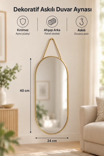 Dekoratif Askılı Kırılmaz Duvar Aynası, Ahşap Arkalı – Tüm Oval