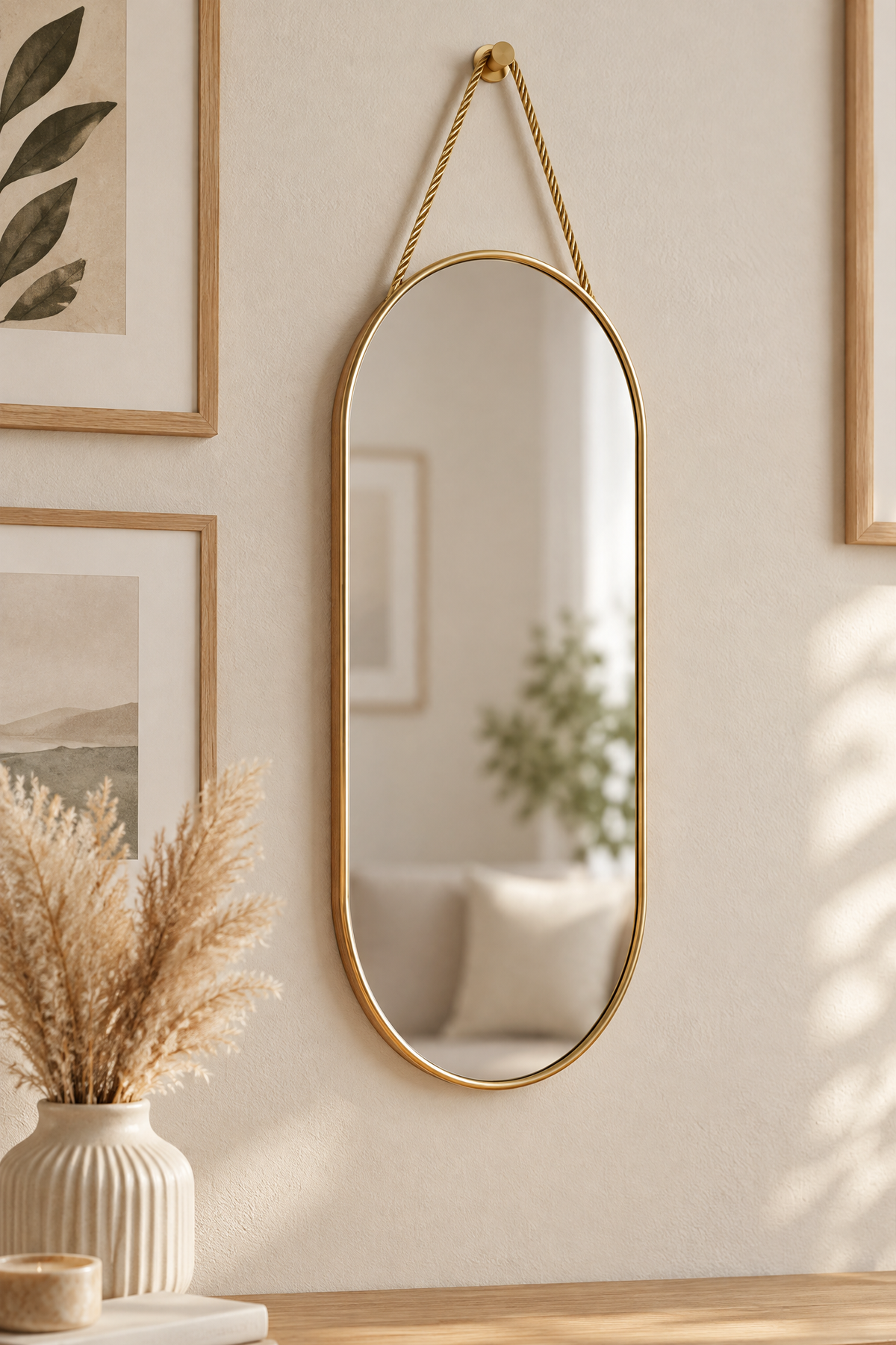 Dekoratif Askılı Kırılmaz Duvar Aynası, Ahşap Arkalı – Tüm Oval