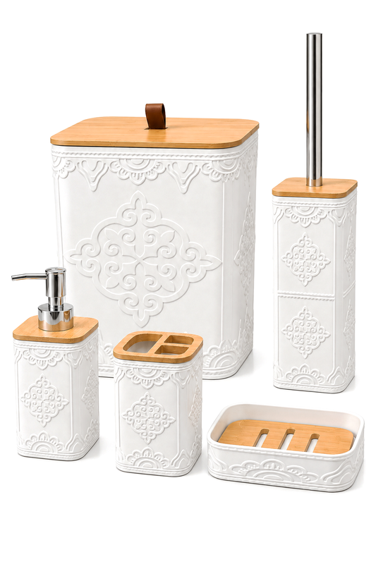 Doğal Bambu Detaylı 5 Parça Banyo Seti, 8 litre, 21 x 19 x 25 cm – Beyaz