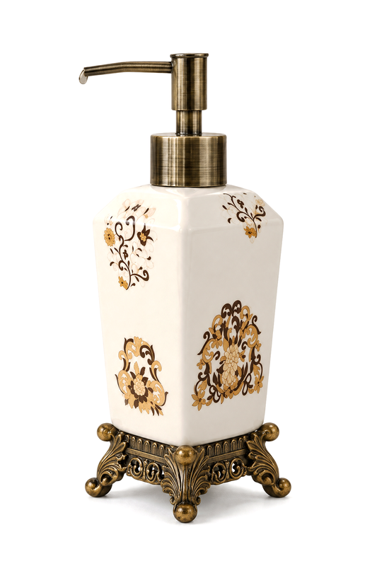 Lavina Seramik Sıvı Sabunluk, Krem, Bronz Ayaklı 470 ml – Saray
