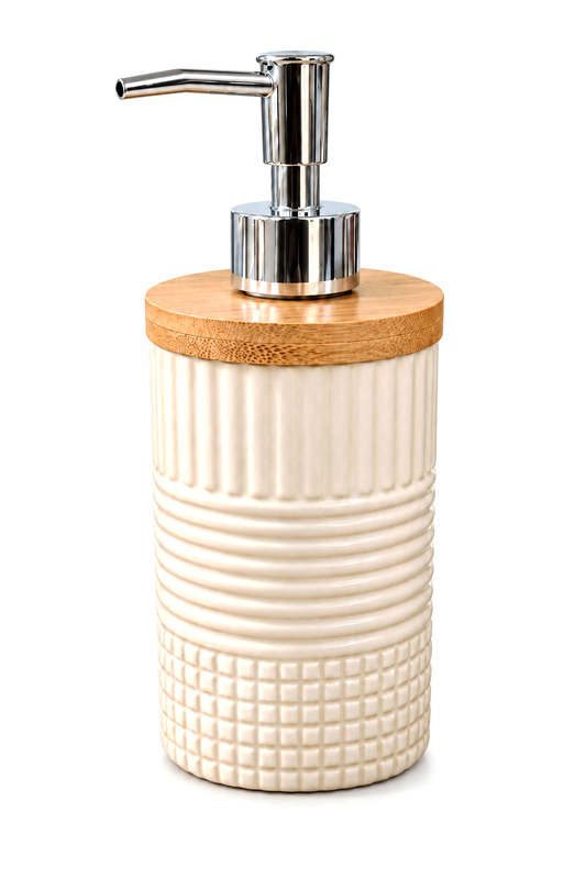 400 ml Bambu Kapaklı Sıvı Sabunluk, Desenli Seramik, 8x19 cm – Krem