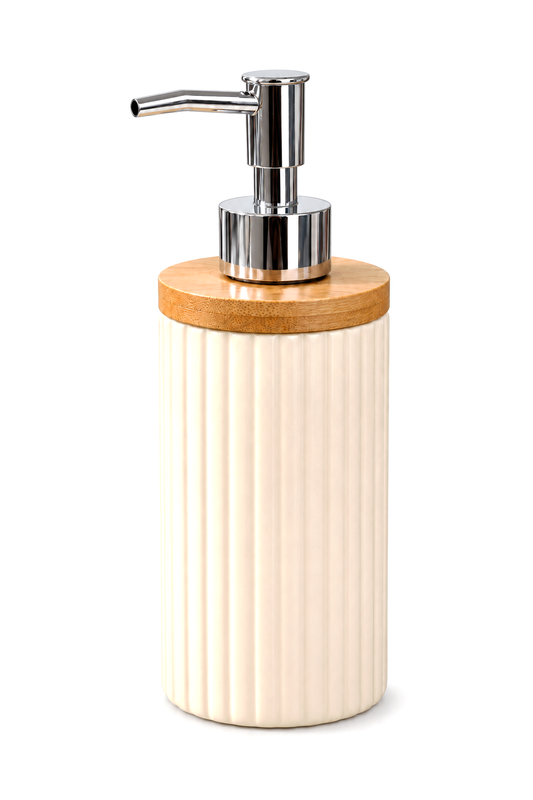400 ml Bambu Kapaklı Sıvı Sabunluk, Desenli Seramik, Siyah Gri Pudra Pembe, 8x19 cm – Krem