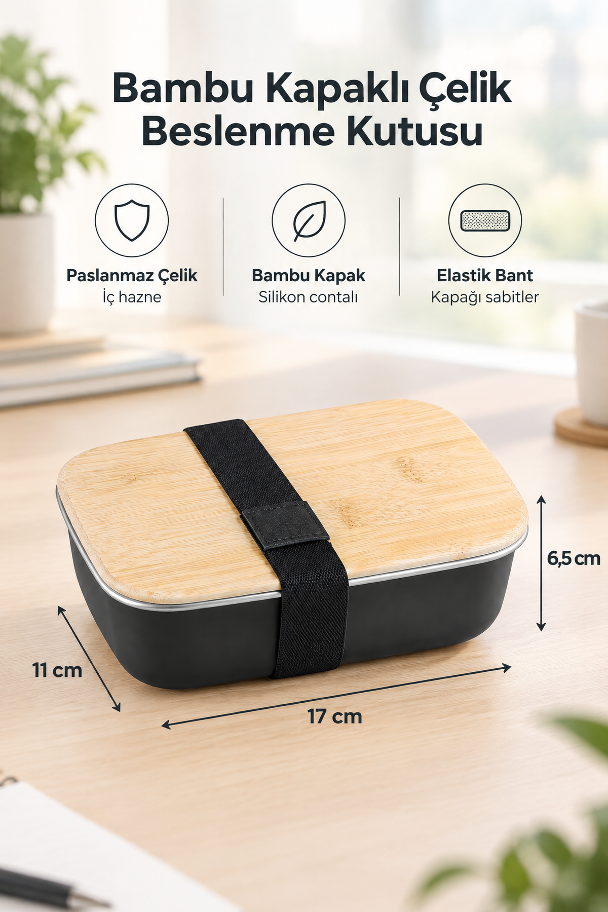 Bambu Kapaklı Paslanmaz Çelik Beslenme Kutusu,17 x 11 x 6,5 cm – Siyah