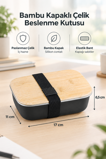 Bambu Kapaklı Paslanmaz Çelik Beslenme Kutusu,17 x 11 x 6,5 cm – Siyah