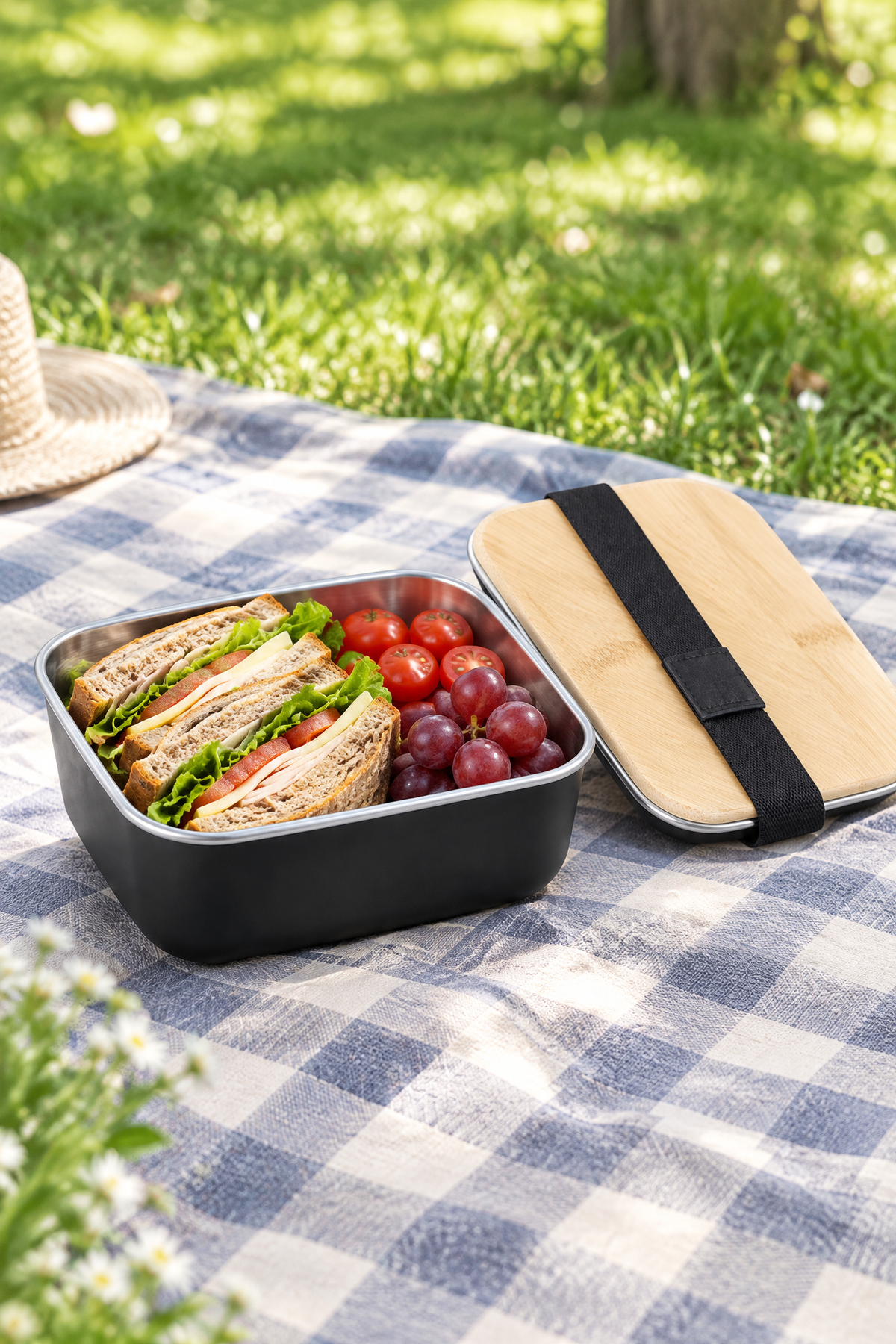 Bambu Kapaklı Paslanmaz Çelik Beslenme Kutusu,17 x 11 x 6,5 cm – Siyah