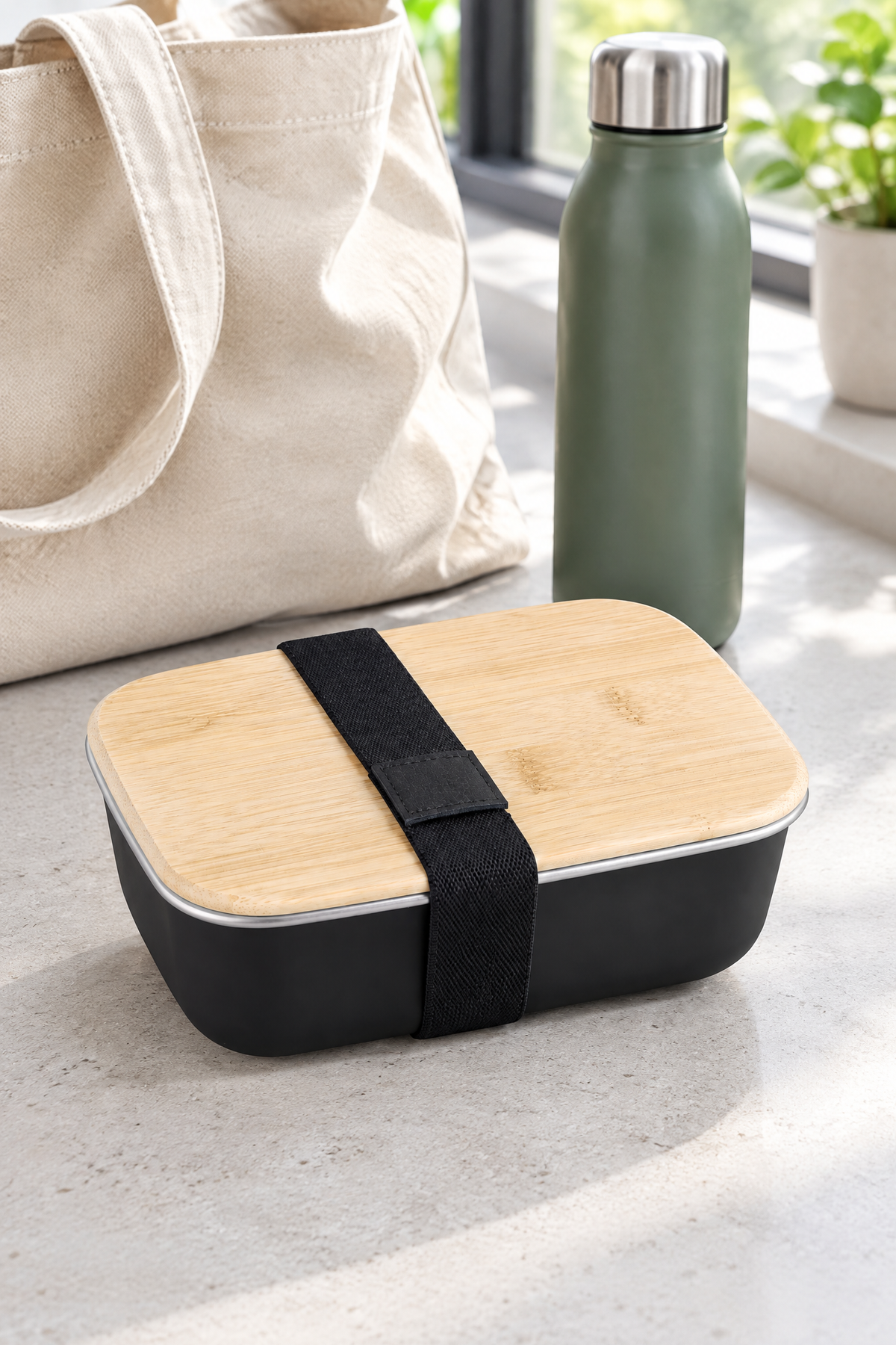 Bambu Kapaklı Paslanmaz Çelik Beslenme Kutusu,17 x 11 x 6,5 cm – Siyah