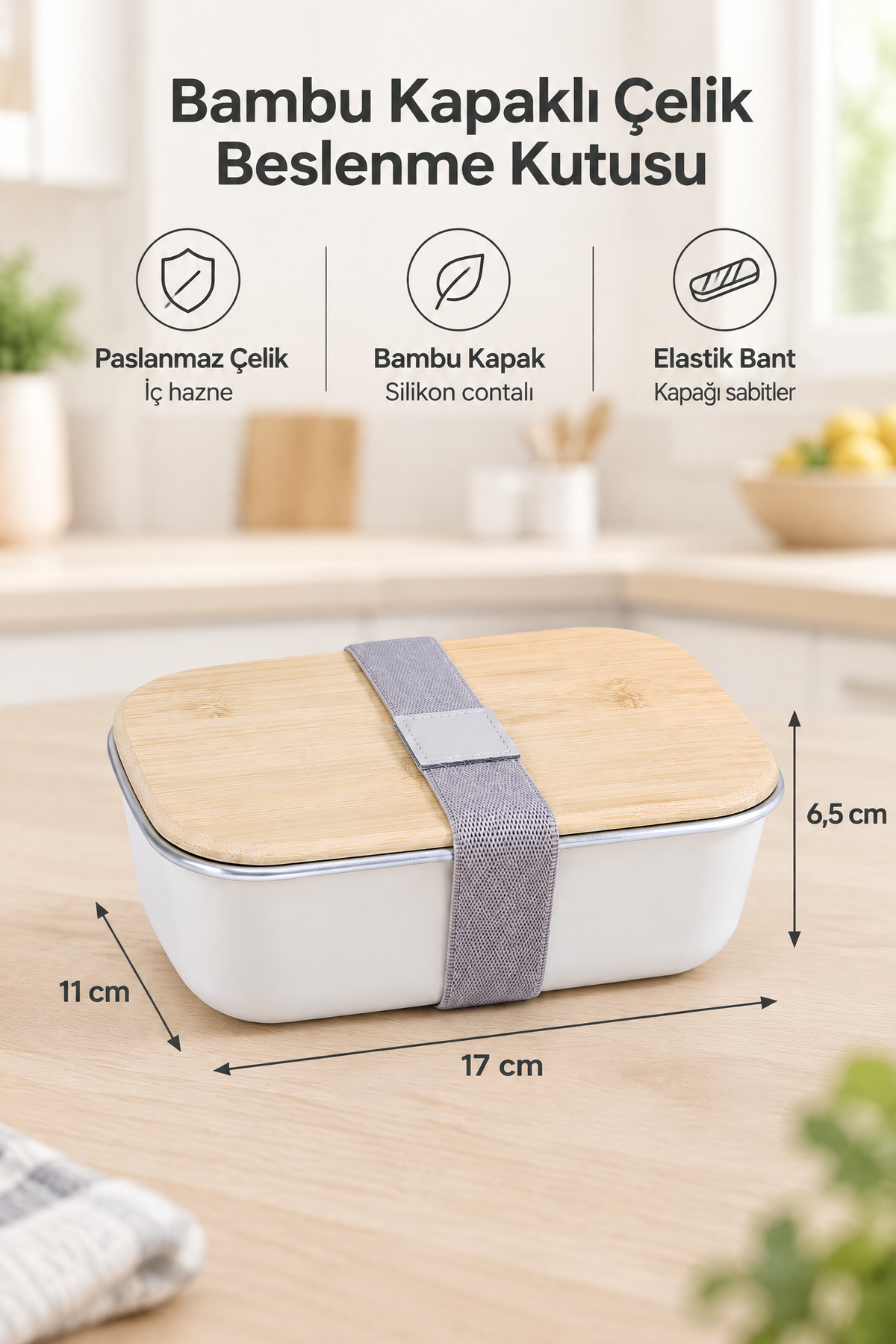 Bambu Kapaklı Paslanmaz Çelik Beslenme Kutusu,17 x 11 x 6,5 cm – Beyaz
