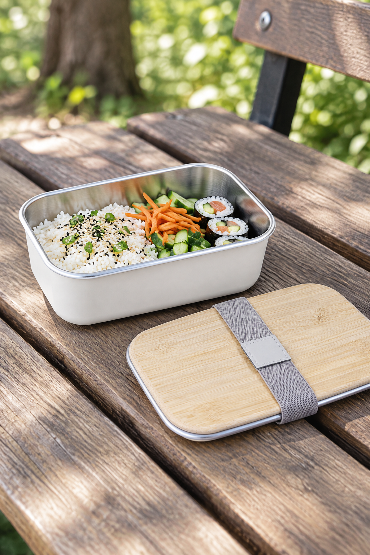 Bambu Kapaklı Paslanmaz Çelik Beslenme Kutusu,17 x 11 x 6,5 cm – Beyaz