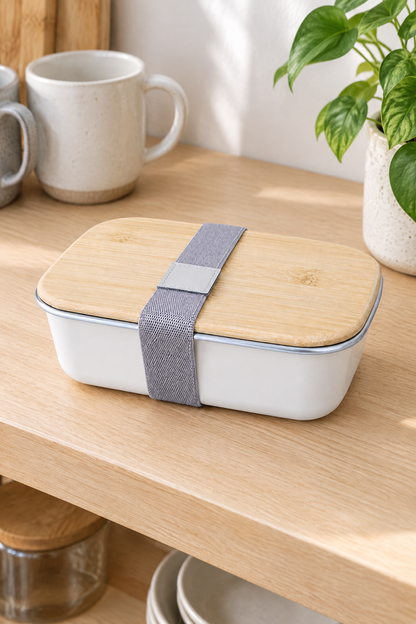 Bambu Kapaklı Paslanmaz Çelik Beslenme Kutusu,17 x 11 x 6,5 cm – Beyaz