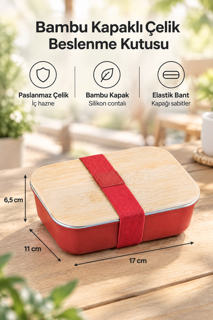 Bambu Kapaklı Paslanmaz Çelik Beslenme Kutusu,17 x 11 x 6,5 cm – Kırmızı