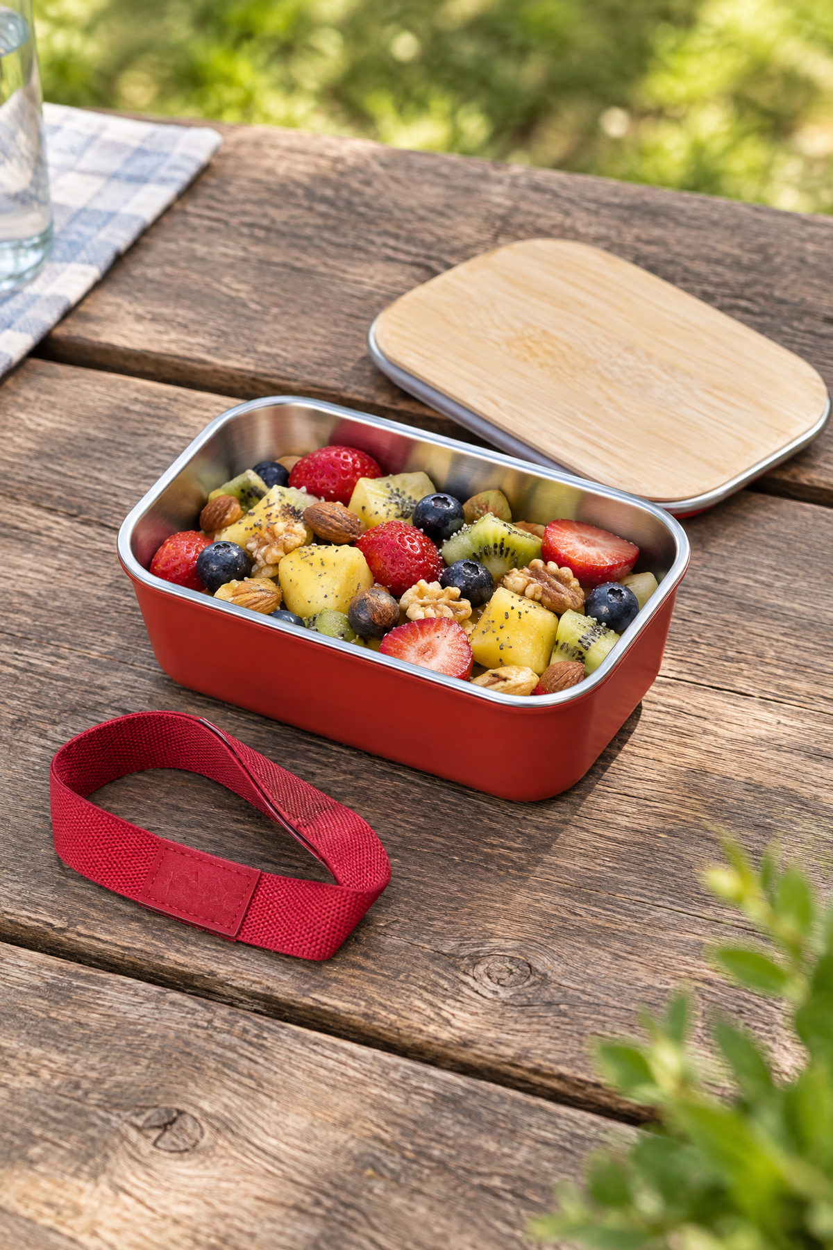 Bambu Kapaklı Paslanmaz Çelik Beslenme Kutusu,17 x 11 x 6,5 cm – Kırmızı