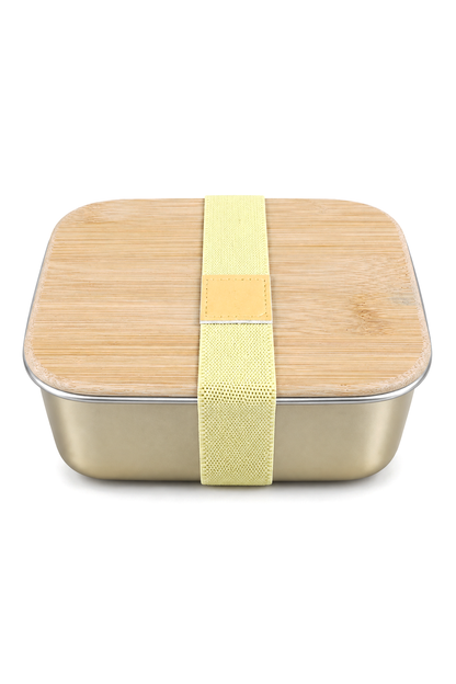 Bambu Kapaklı Paslanmaz Çelik Beslenme Kutusu,17 x 11 x 6,5 cm – Altın
