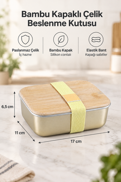 Bambu Kapaklı Paslanmaz Çelik Beslenme Kutusu,17 x 11 x 6,5 cm – Altın