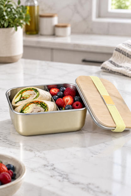 Bambu Kapaklı Paslanmaz Çelik Beslenme Kutusu,17 x 11 x 6,5 cm – Altın