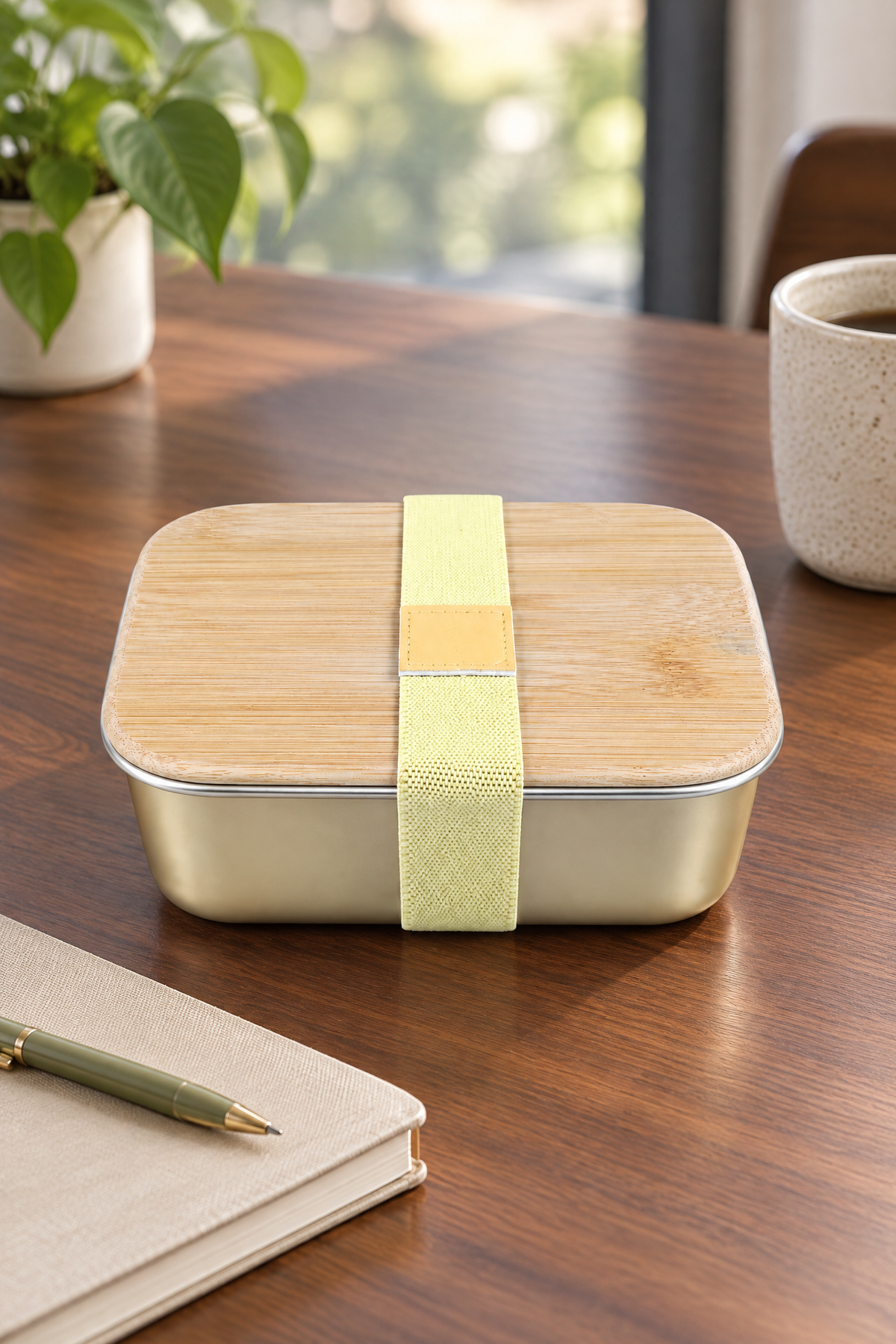 Bambu Kapaklı Paslanmaz Çelik Beslenme Kutusu,17 x 11 x 6,5 cm – Altın