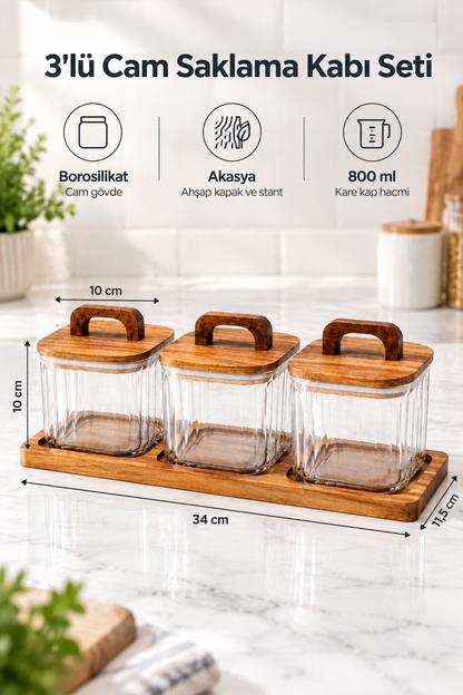 3'lü Borosilikat Cam Saklama Kabı Seti, Akasya Ahşap Kapaklı ve Stantlı, 34x11,5 cm – Kare Kemer