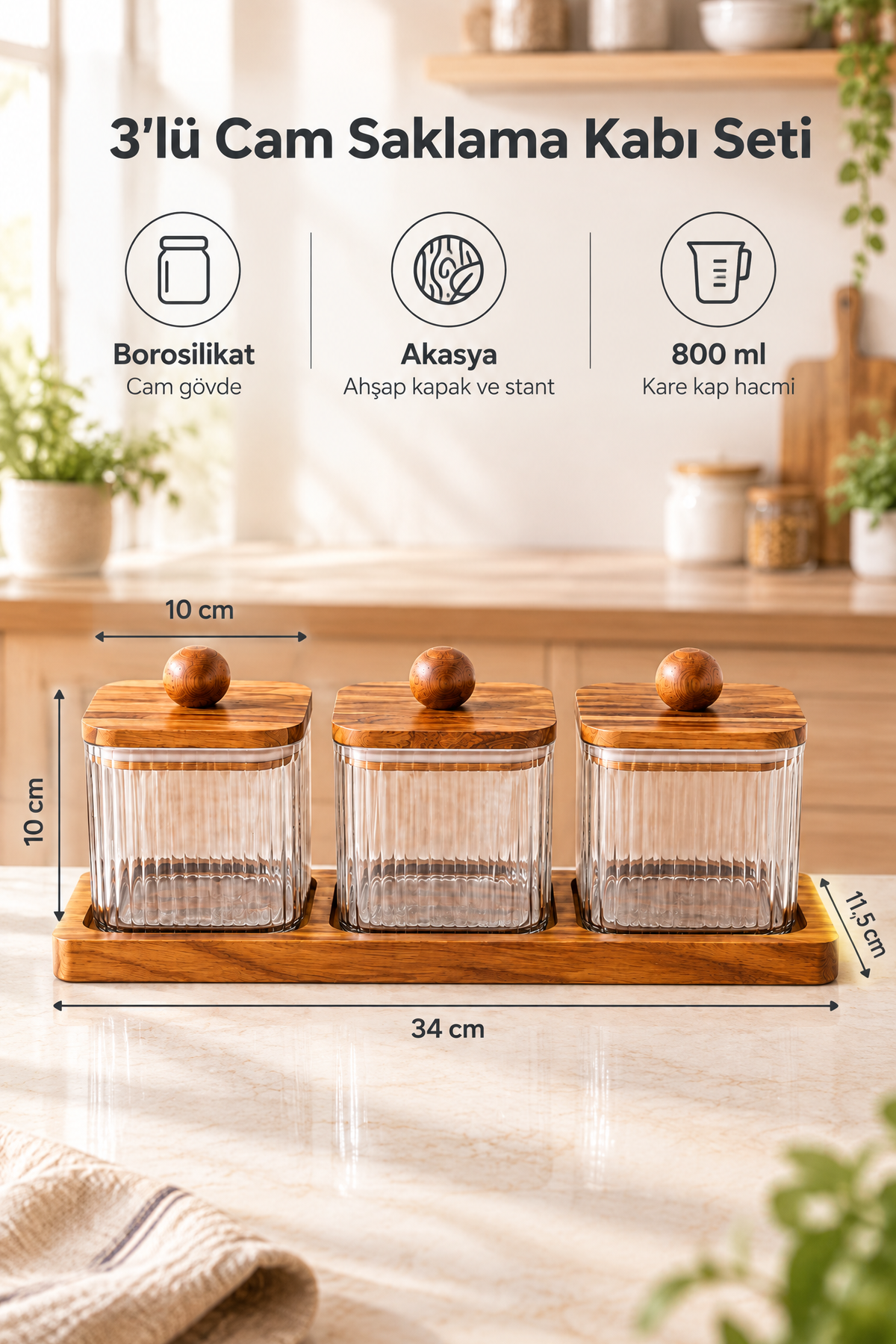 3'lü Borosilikat Cam Saklama Kabı Seti, Akasya Ahşap Kapaklı ve Stantlı, 34x11,5 cm – Kare Topuz