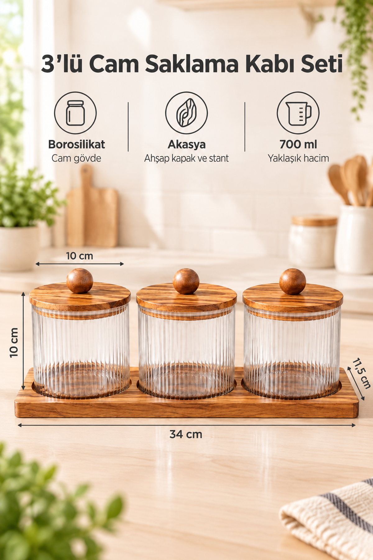 3'lü Borosilikat Cam Saklama Kabı Seti, Akasya Ahşap Kapaklı ve Stantlı, 34x11,5 cm – Yuvarlak Topuz