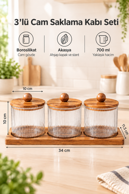 3'lü Borosilikat Cam Saklama Kabı Seti, Akasya Ahşap Kapaklı ve Stantlı, 34x11,5 cm – Yuvarlak Topuz