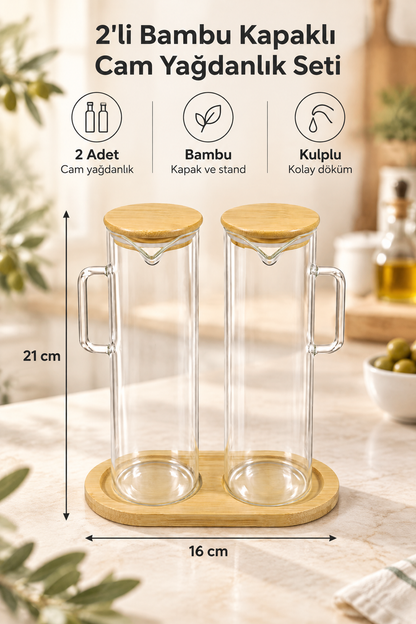 2'li Bambu Kapaklı Cam Yağdanlık Seti, Bambu Standlı, Kulplu Yağlık Sirkelik, 21 cm
