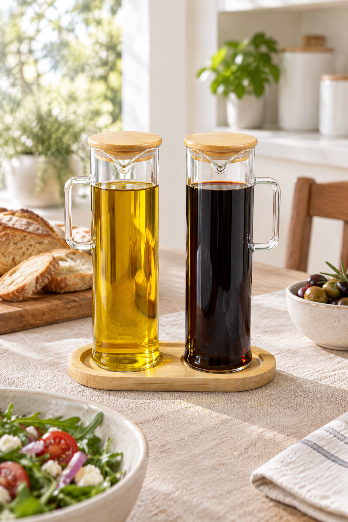 2'li Bambu Kapaklı Cam Yağdanlık Seti, Bambu Standlı, Kulplu Yağlık Sirkelik, 21 cm