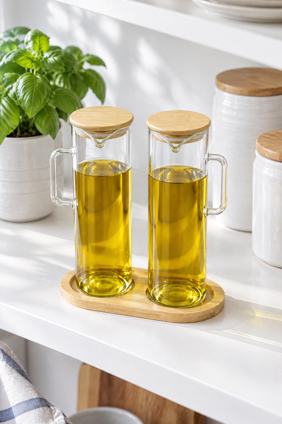 2'li Bambu Kapaklı Cam Yağdanlık Seti, Bambu Standlı, Kulplu Yağlık Sirkelik, 21 cm