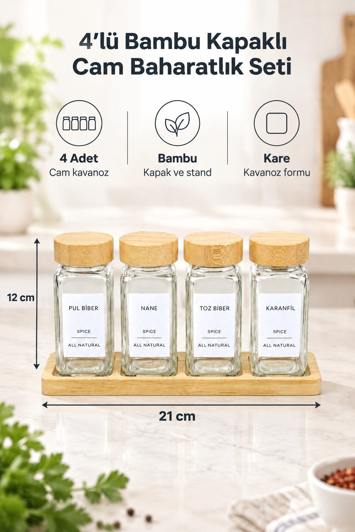 4'lü Bambu Kapaklı Cam Baharatlık Seti, Bambu Standlı, Etiketli Kare Baharat Kavanozu, 21 cm